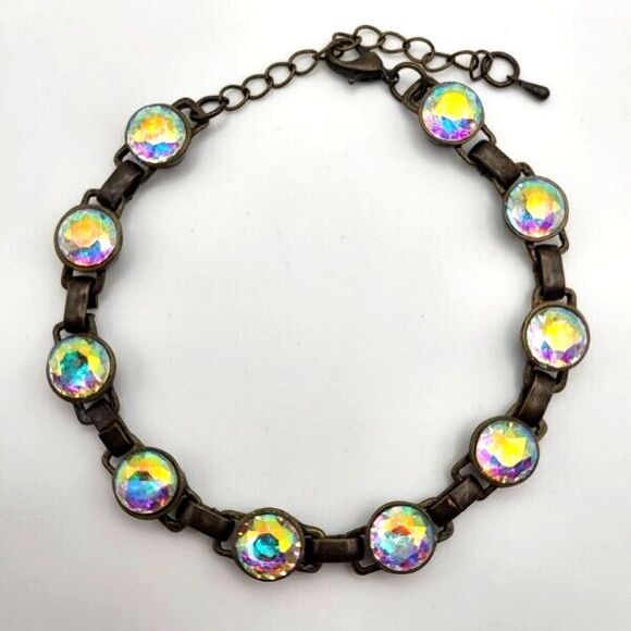Unbranded Jewelry - Vintage Bronzetone Iridescent Rhinestone Bracelet Adjustable Linked Chain